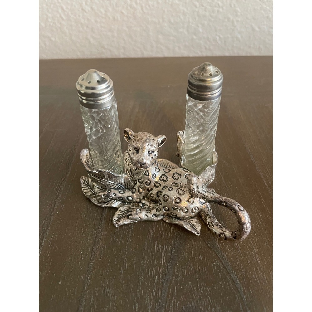 Arthur Court Jaguar Salt and Pepper Shaker Set Pewter Glass Safari Decor 1998